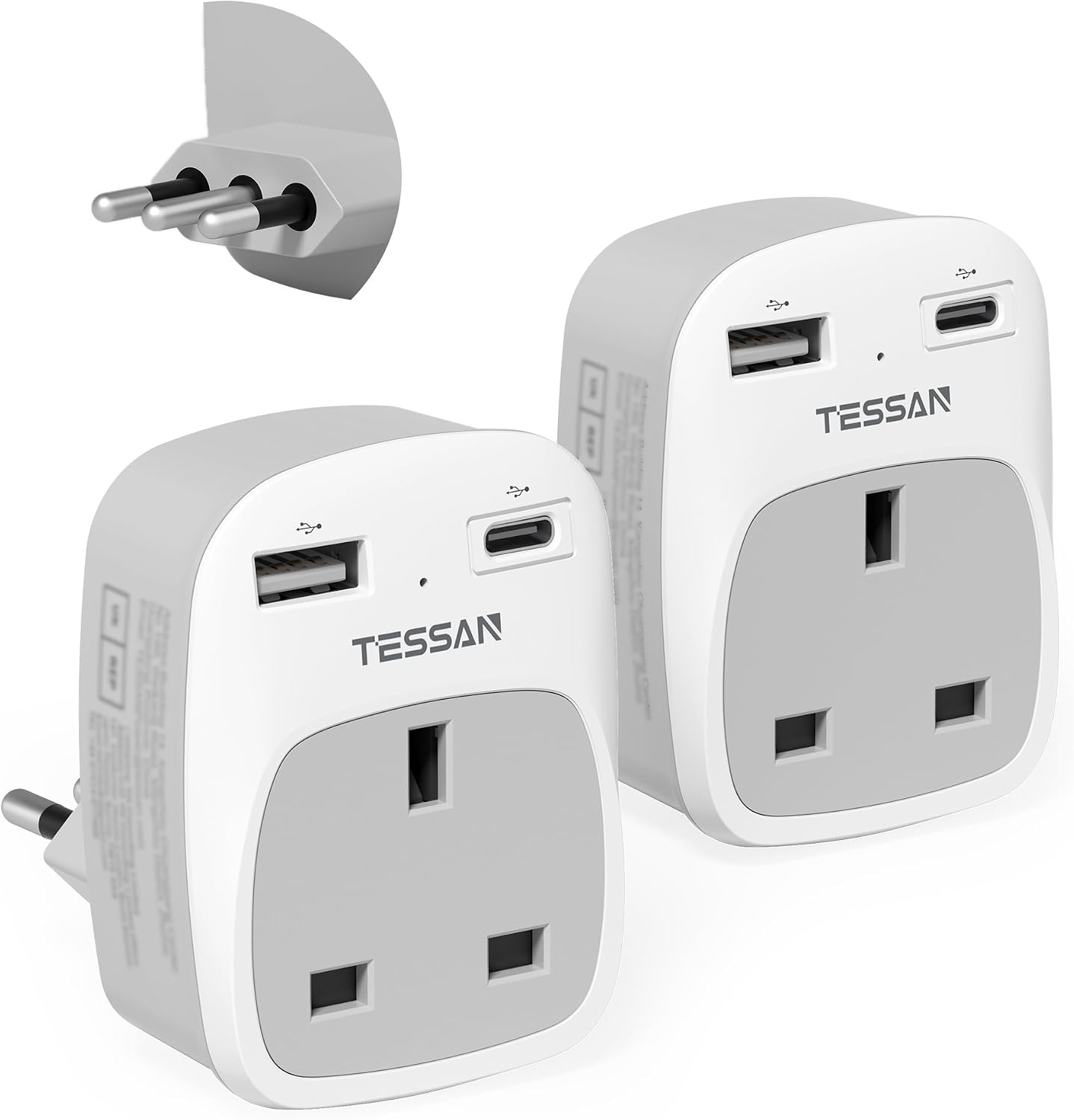Detalle de TESSAN UK to Italy Plug Adapter with USB-C: 3-in-1 Travel Power Solution