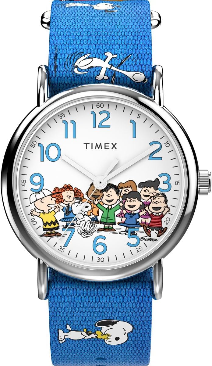 Detalle de Timex Peanuts TW2W194006B dameshorloge met stoffen band en witte wijzerplaat