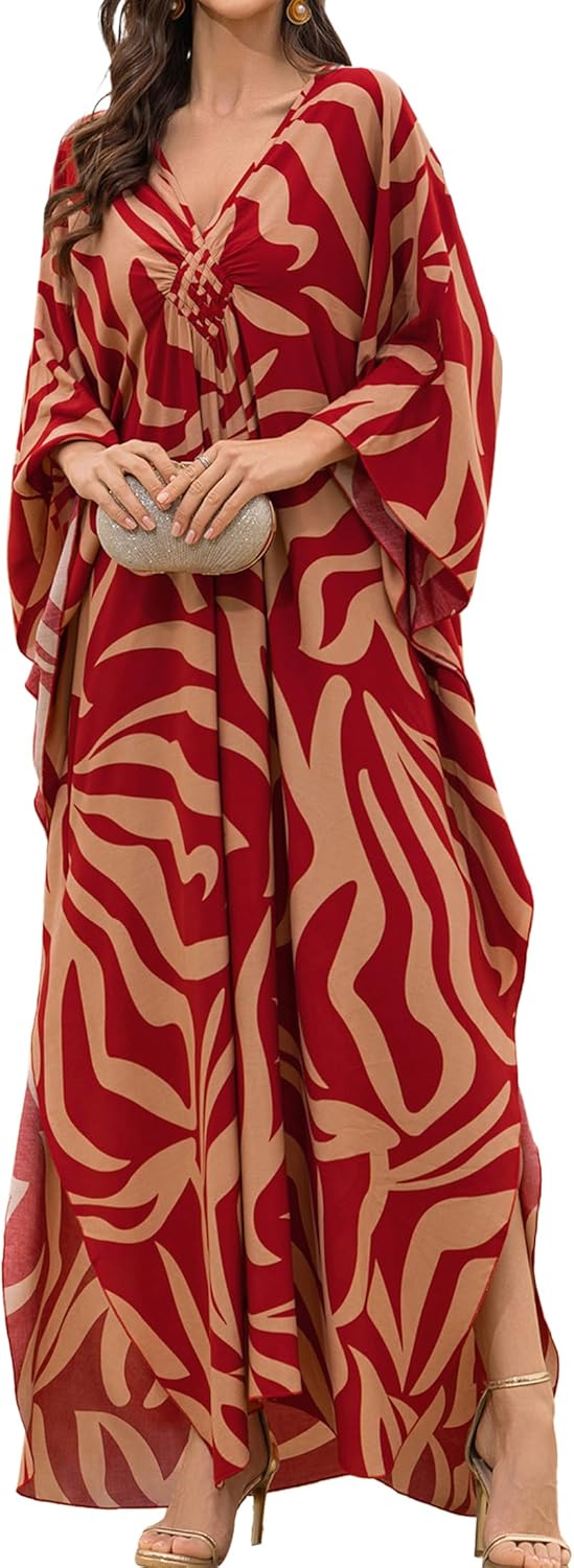 Thumbnail 6 de Yanziliu Plus Size Kaftan Dress: Floral V-Neck Beach Cover Up