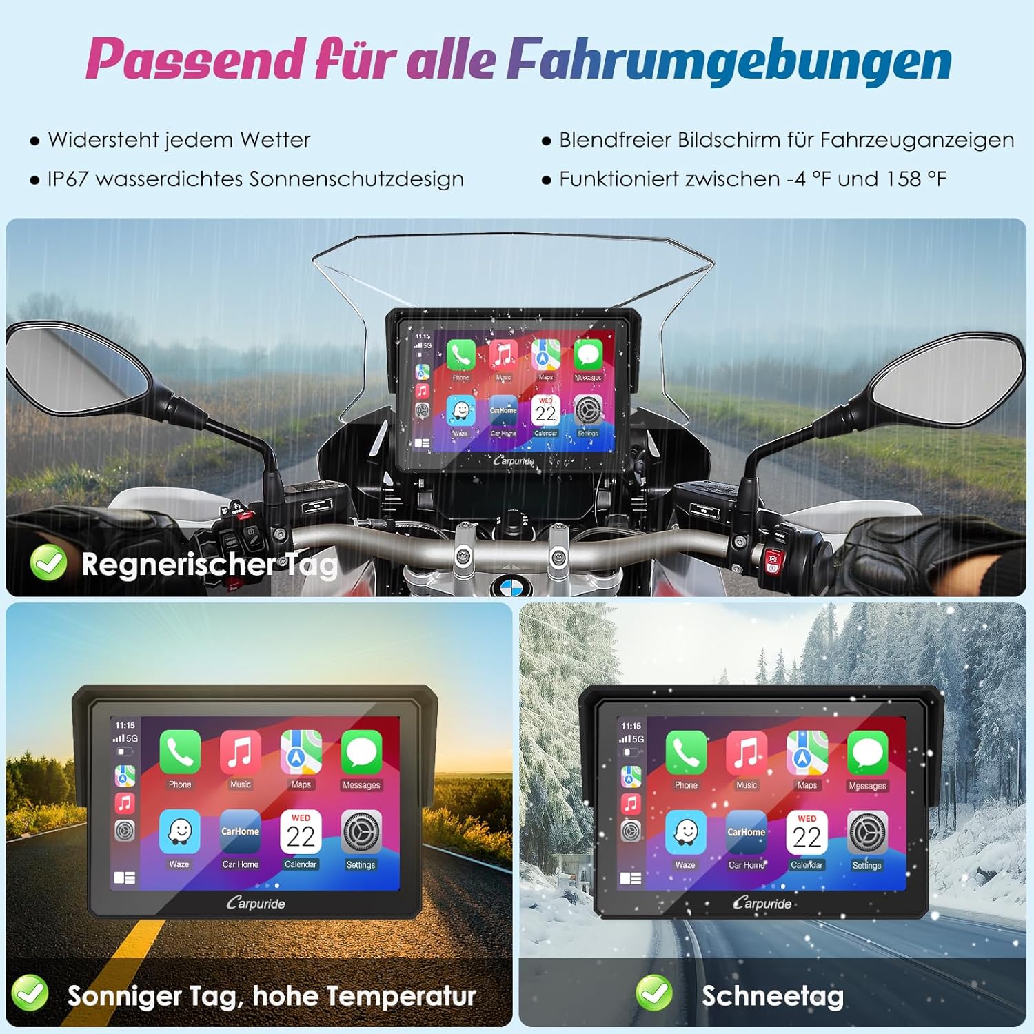 Detalle de Carpuride W502B Motorrad-Carplay-Bildschirm für BMW Motorräder – kabelloses CarPlay/Android Auto, 5 Zoll, IP67