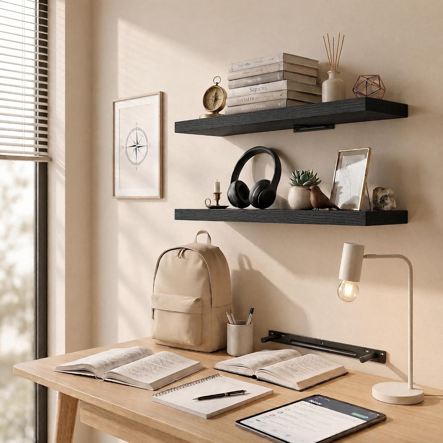 Detalle de Amada 24-Inch Floating Shelves, Set of 2, Black with Hidden Metal Brackets