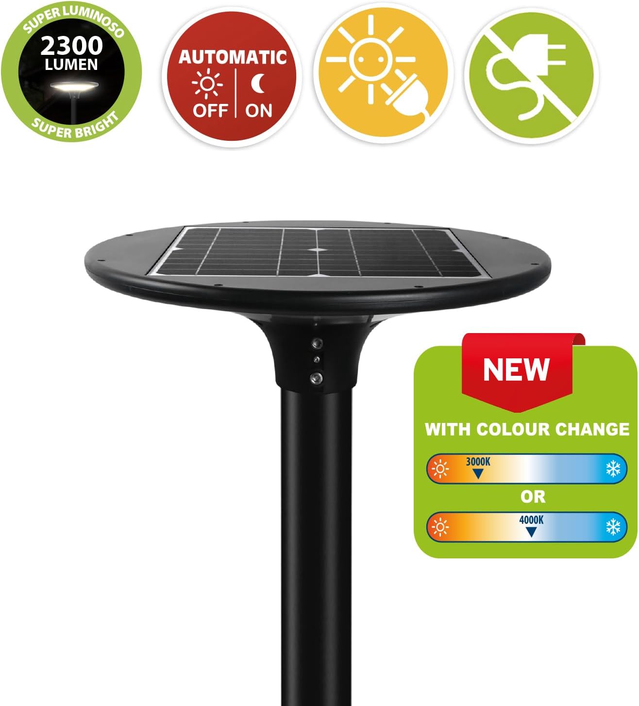Detalle de VELAMP Lampione Solare Led Esterno 20W 2300lm — Faro a Pannello Solare con Autonomia fino a 32 ore