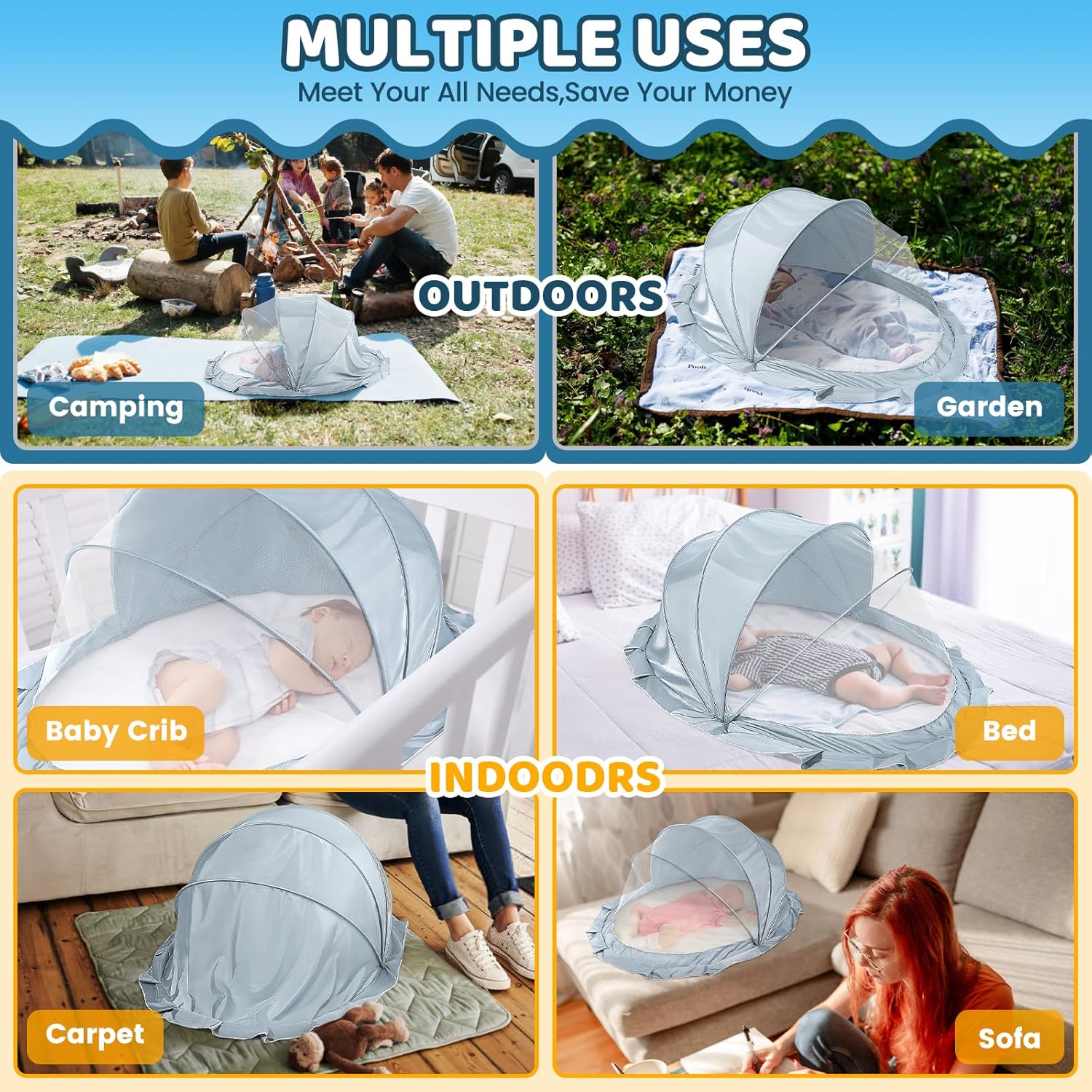 Thumbnail 5 de Orzbow faltbares Baby-Moskitonetz-Zelt (atmungsaktiver Lichtschutz), tragbar für drinnen & draußen