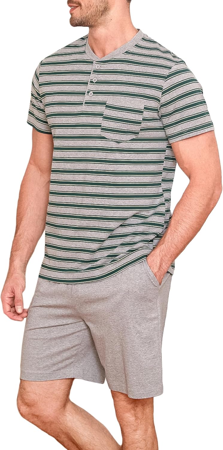 Detalle 2 de Winovia Herren Schlafanzug Kurz Baumwolle – Streifen-Design, Sommerpyjama mit Knopfleiste