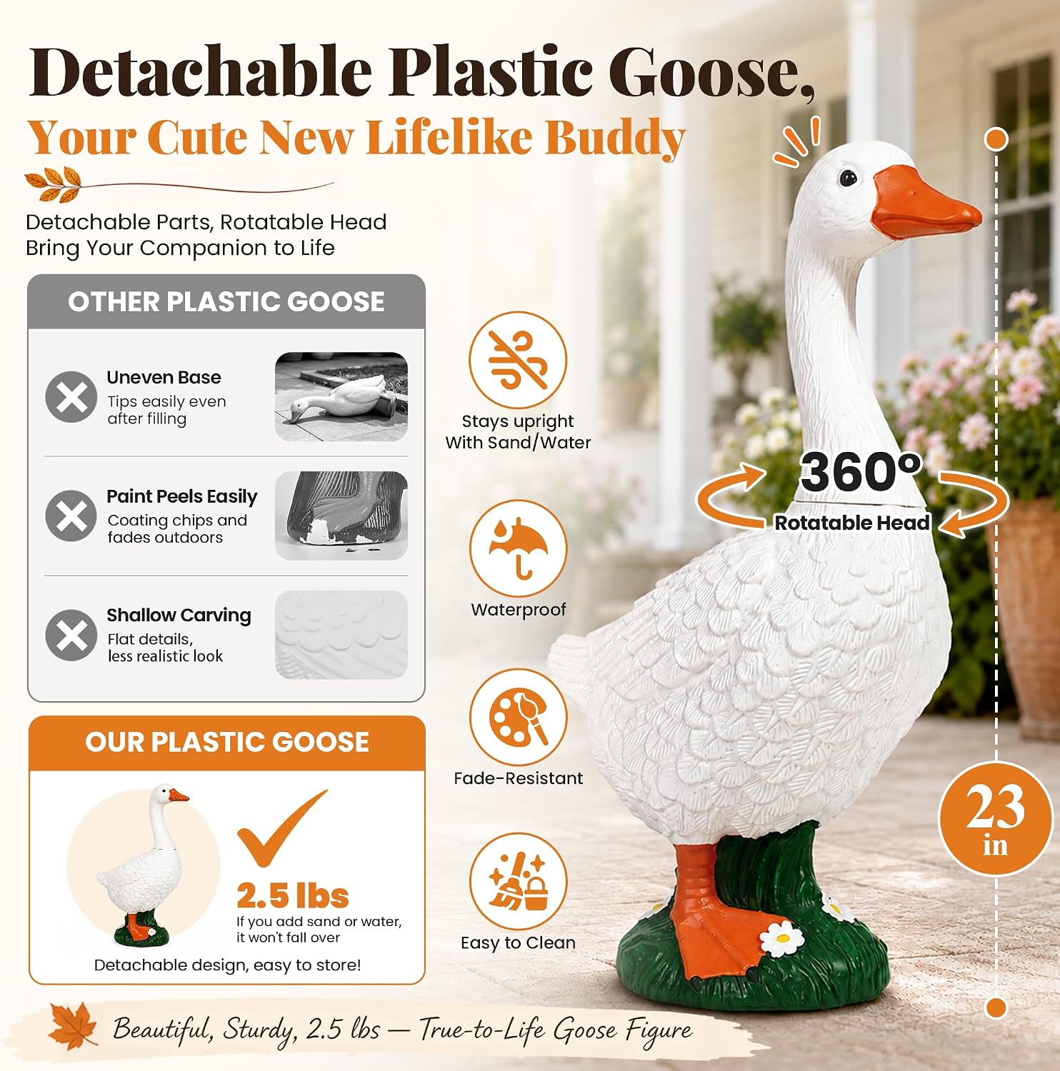 Detalle 2 de GIGALUMI 11749 23-Inch Porch Goose Statue with Rotating Neck and Fillable Base