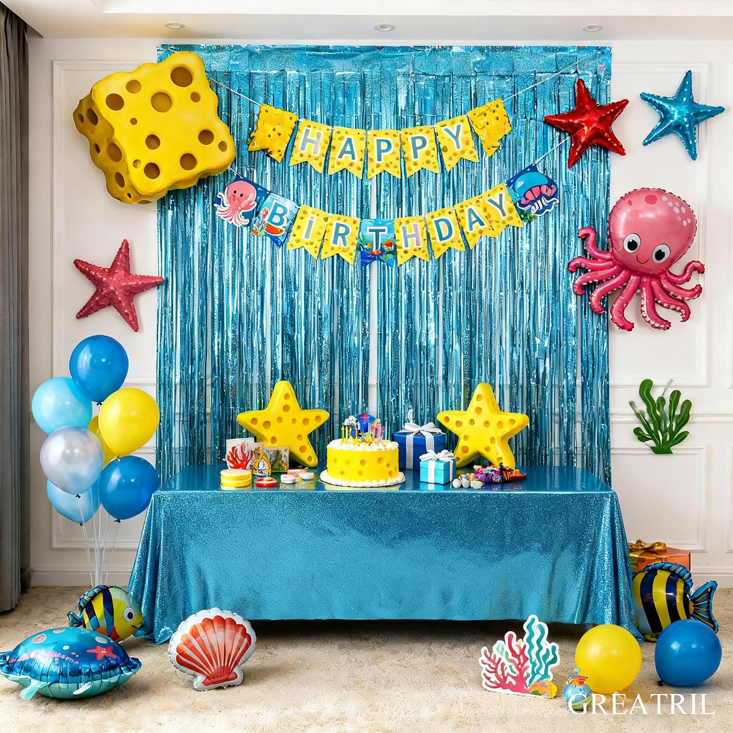 Detalle 2 de GREATRIL Blau Glitzer-Tischdecke Foil 137 x 274 cm – Einweg, wasserabweisend, ideal für Meerjungfrau- oder Frozen-Themen