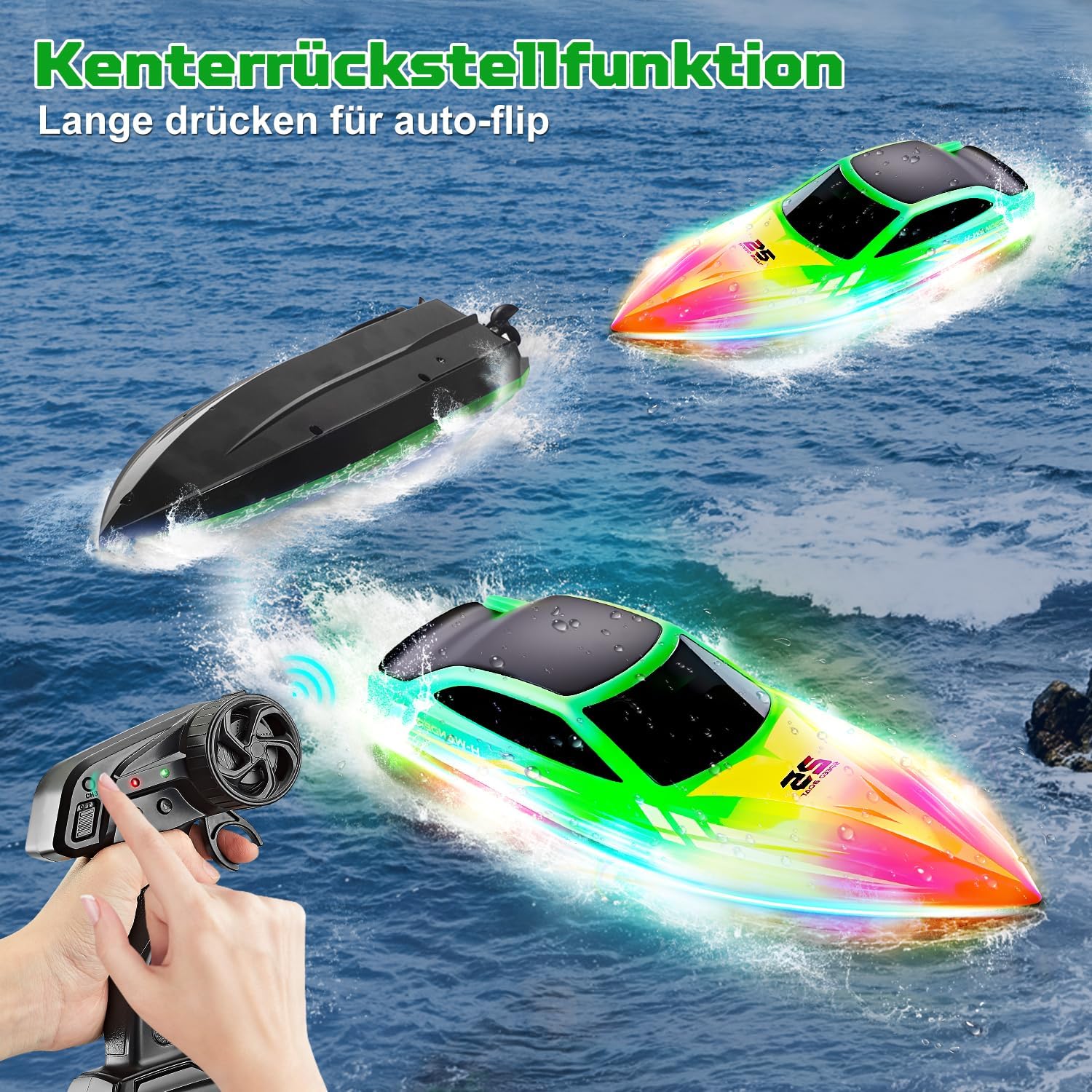 Thumbnail 2 de RC Boot Ferngesteuert – 2,4 GHz Speedboot mit 7 LED-Modi, für Kinder ab 3 Jahren