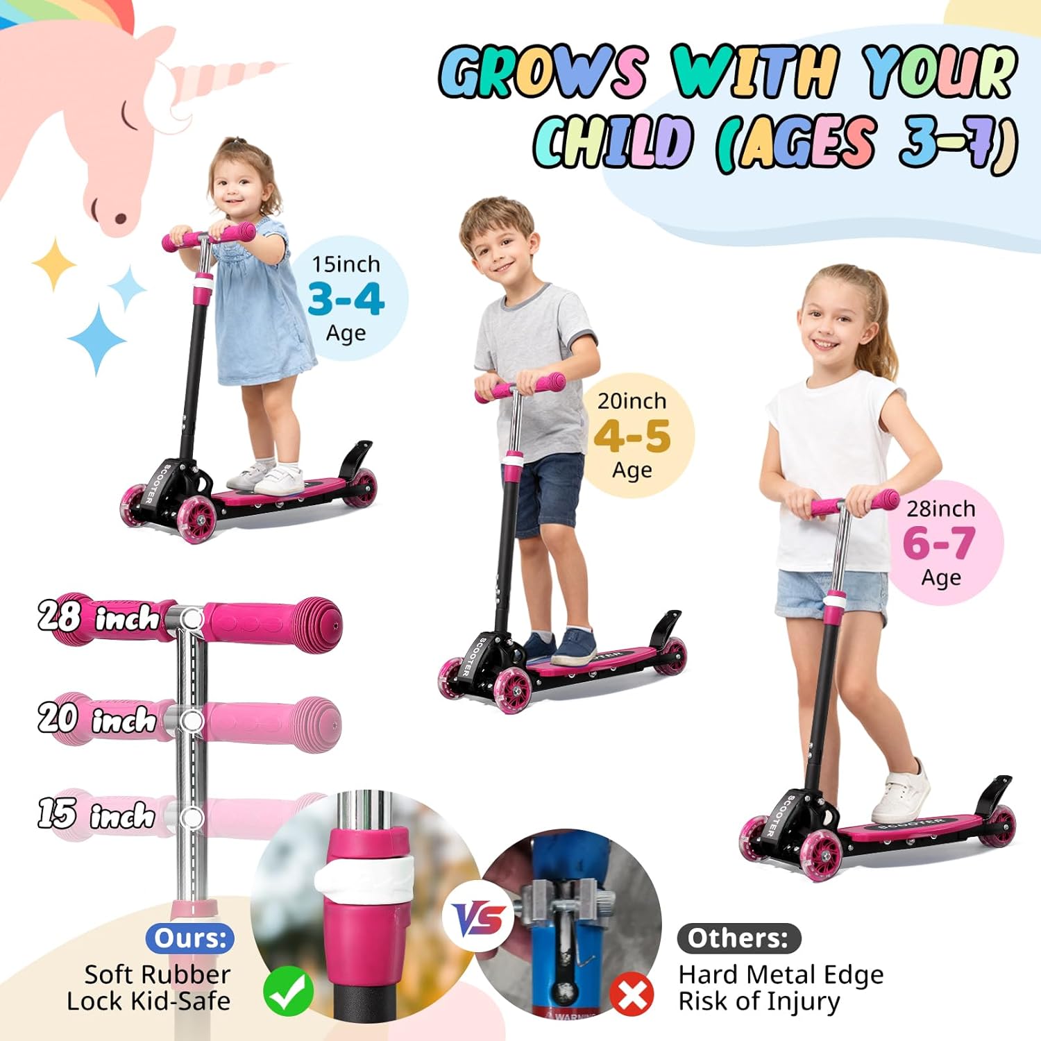 Detalle 2 de Kick Scooter for Kids Ages 3–7 (Three-Wheel Light-Up, Lean-to-Steer, Foldable, Dual Rear Wheels)
