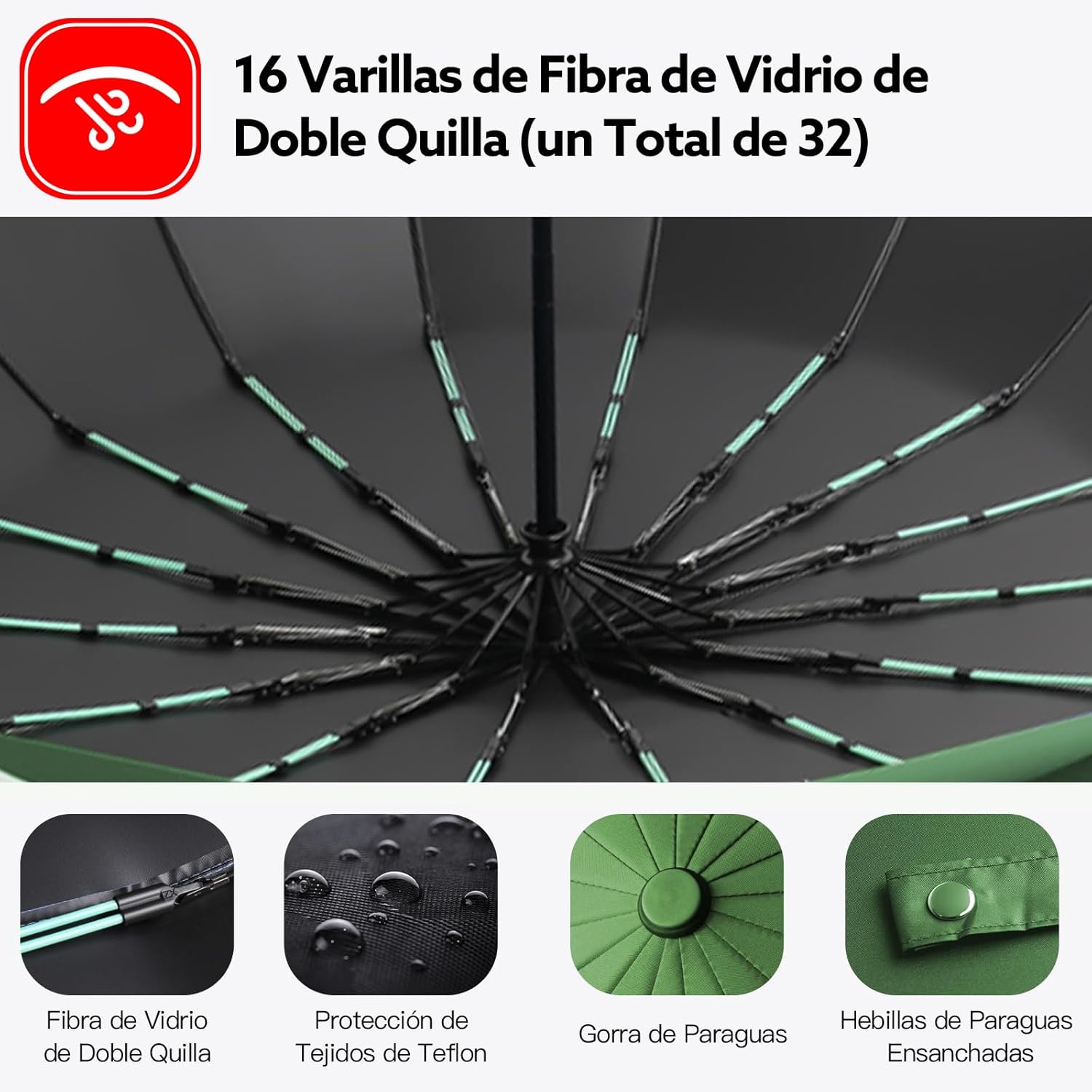 Detalle de LENDOO Paraguas Plegable Automático de 16 Varillas: estabilidad, protección UV y apertura con un toque
