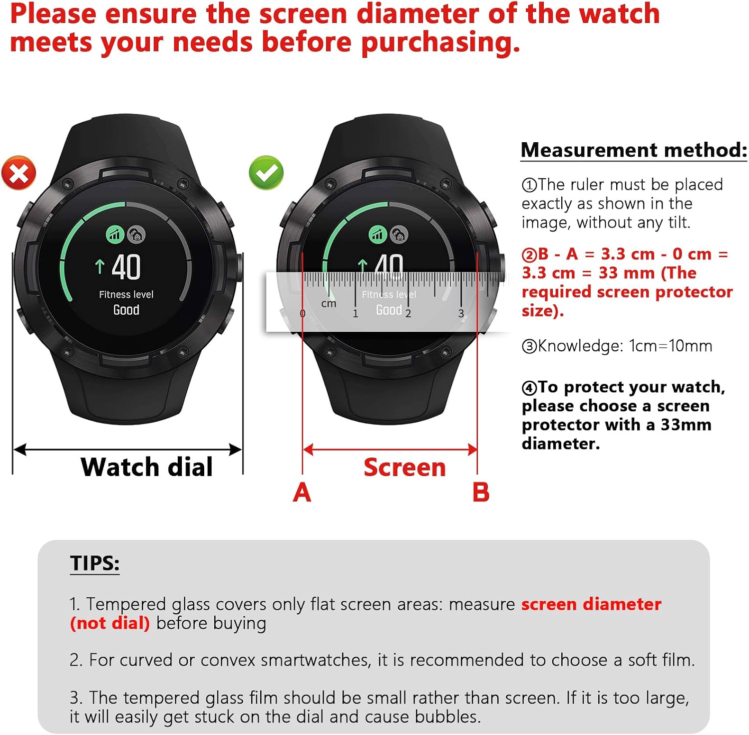 Detalle de Lusee 3 Pack 34mm Round Tempered Glass Screen Protector for Flat Smartwatches