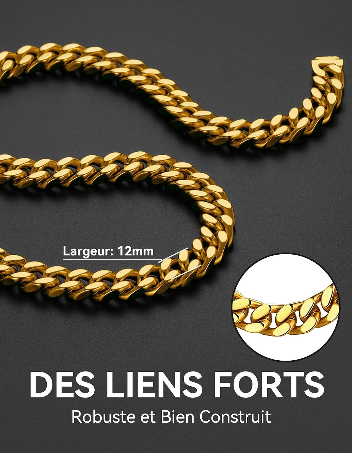 Thumbnail 6 de ChainsHouse Collier homme en acier inox 316L maille cubaine, choker ras de cou argent/or/noir