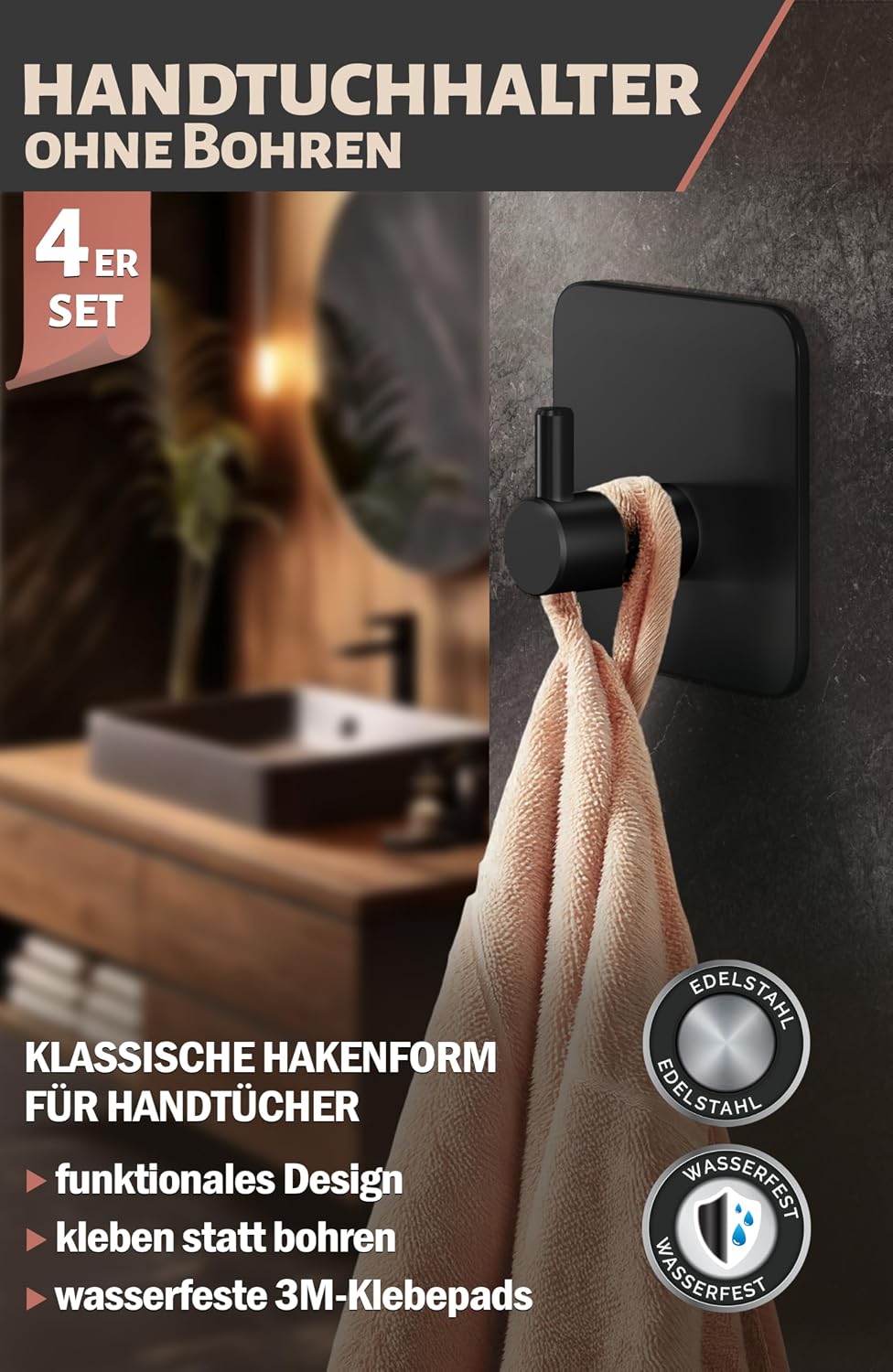 Detalle 2 de 4smile Handtuchhalter ohne Bohren – 4er-Set in Schwarz, wasserfeste Klebehaken aus Edelstahl (V2A) bis 10 kg
