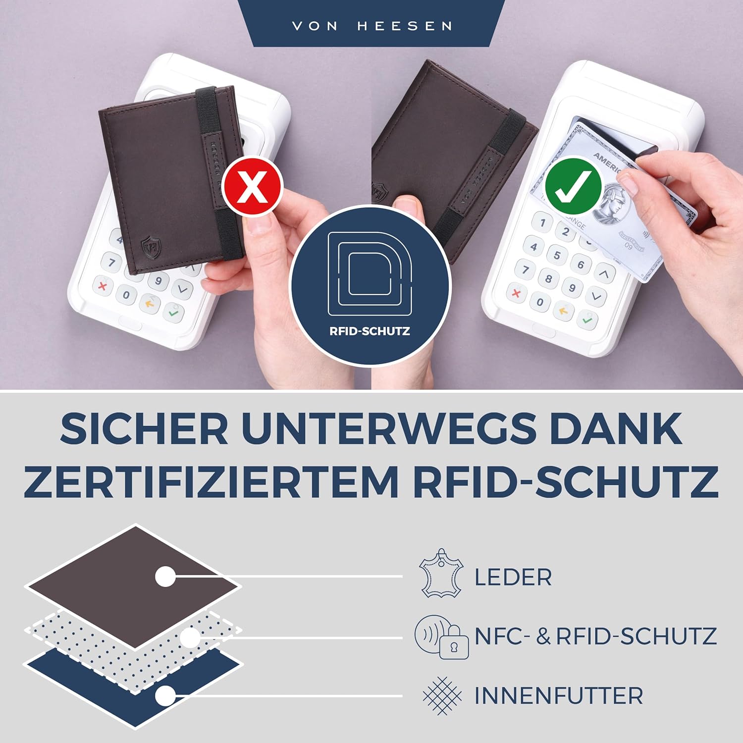Thumbnail 2 de VON HEESEN Slim Wallet mit RFID Schutz – Herren Geldbörse klein aus Nappa-Leder (Braun Waxy)