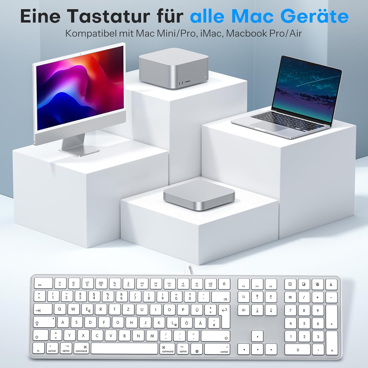 Thumbnail 1 de OMOTON Mac-Kabeltastatur mit Ziffernblock – USB/Type-C Anschluss, leises Tippgefühl, deutsches Layout