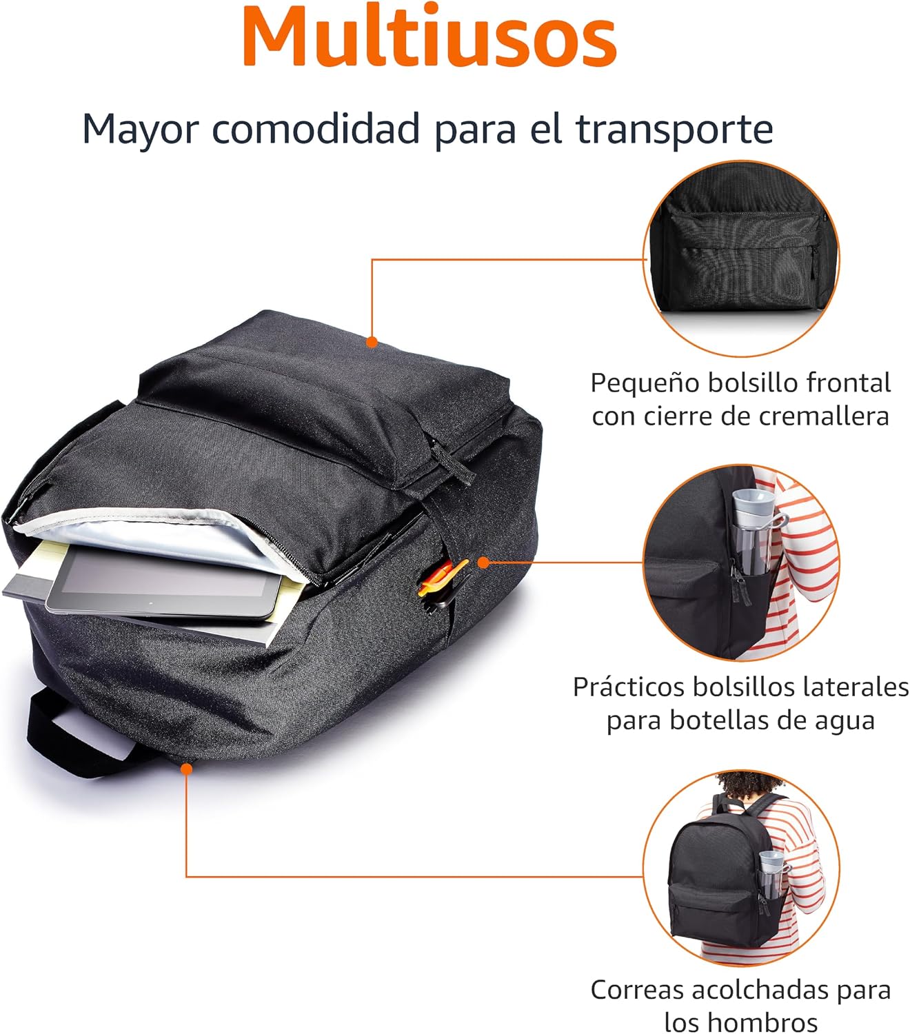 Detalle 2 de Amazon Basics Mochila Clásica para Escuela y Excursiones – Negro