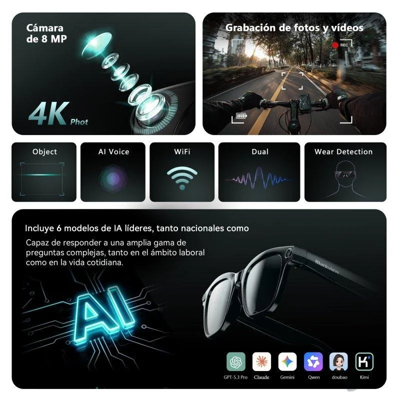 Detalle 2 de Blackview BV300 Gafas Inteligentes: IA, cámara 8 MP y audio Hi‑Fi en un formato ultraligero