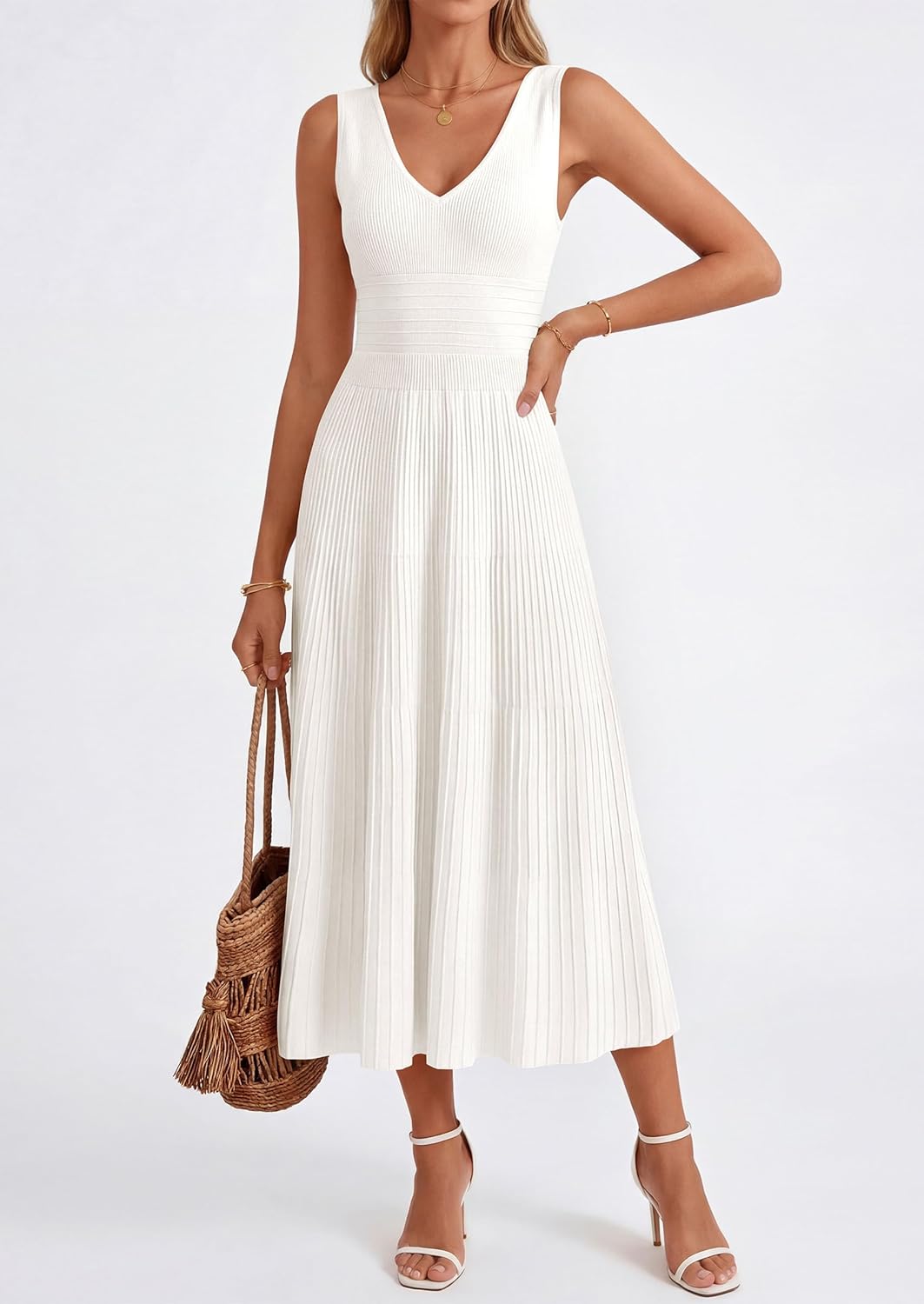 Thumbnail 1 de PRETTYGARDEN Summer Dresses for Women 2026: Pleated Midi Sleeveless V-Neck Dress