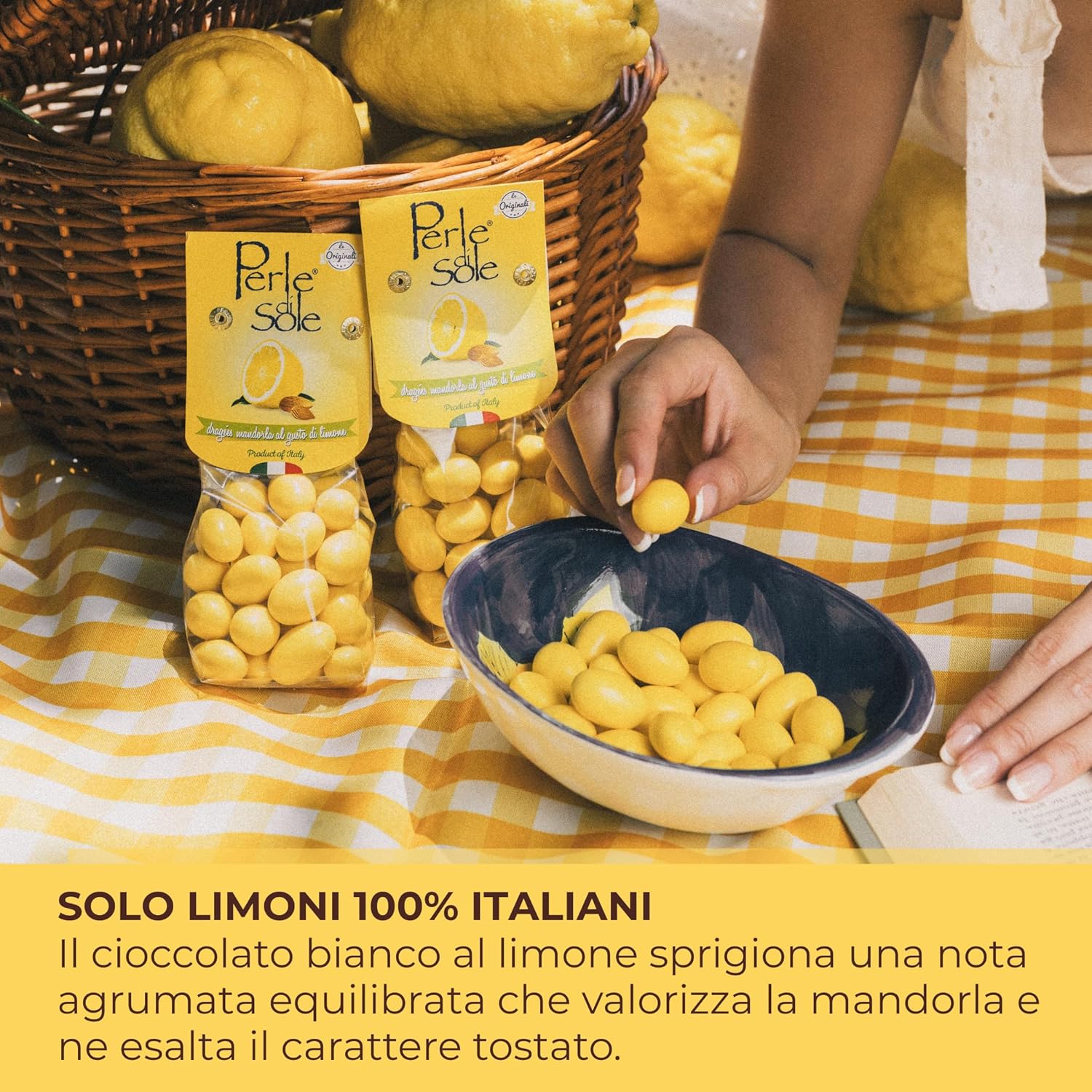 Detalle de Perle di Sole – Confetti Dragées Mandorla al Limone, 150 g: mandorle tostate ricoperte di cioccolato bianco al limone, senza glutine