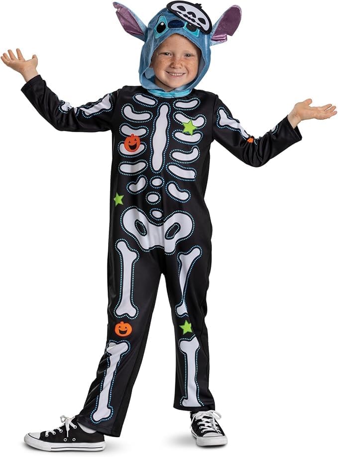 Detalle de Disney Stitch klassiek skeletkostuum voor kinderen met capuchon en kleurrijke print