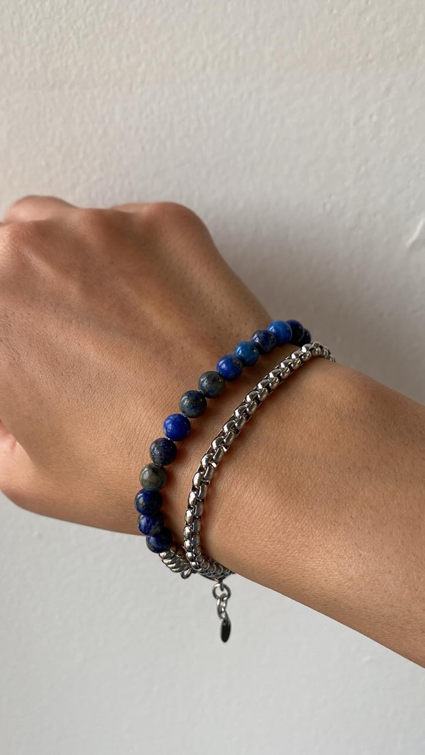 Detalle de 10:10 Bracciale Unisex Pietre Naturali 6 mm — Catena Veneziana in Acciaio Inox Lucido, Made in Italy