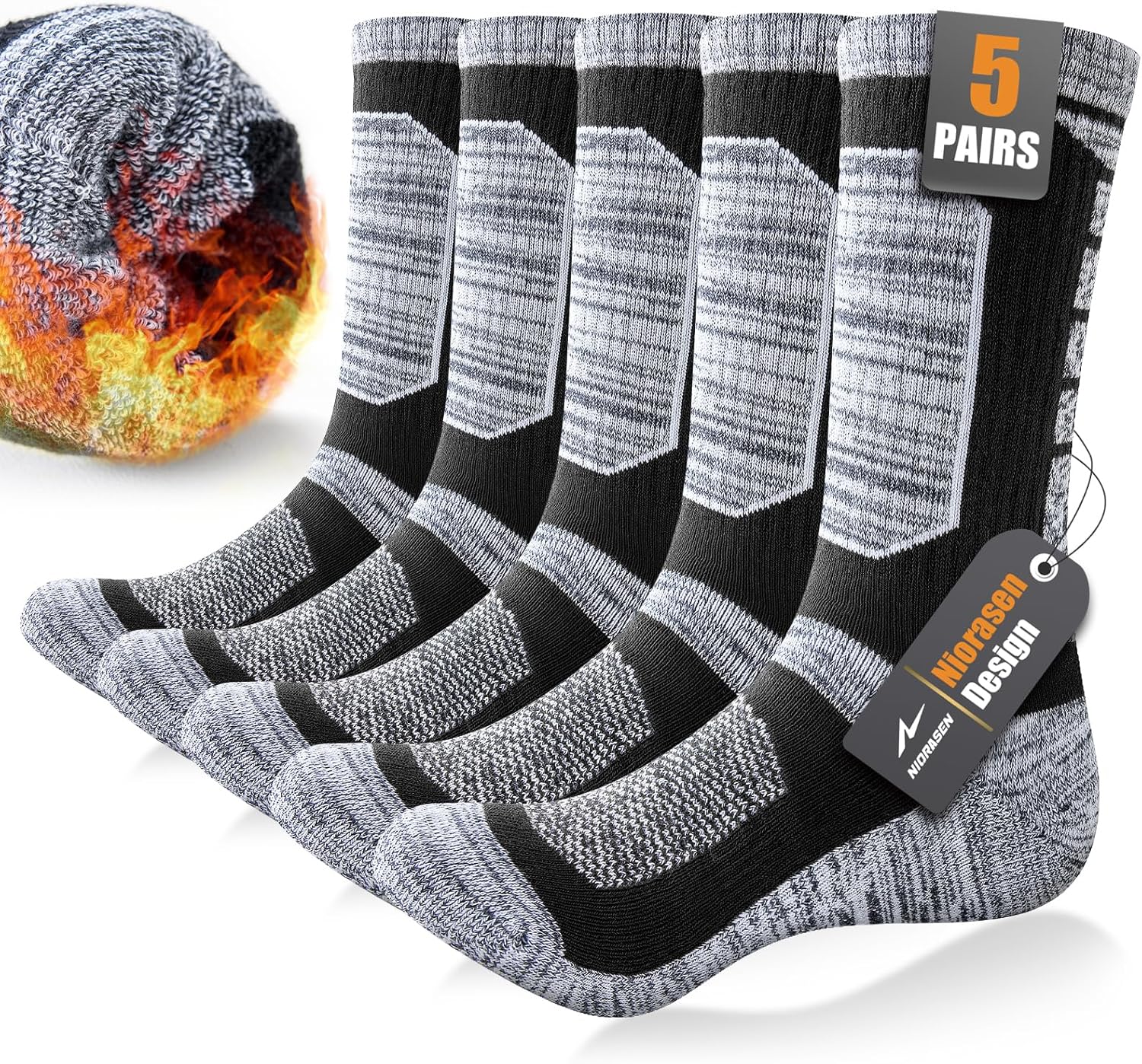 Detalle de Niorasen Full Cushion Thermal Socks for Men – Thick Cotton, 5-Pack