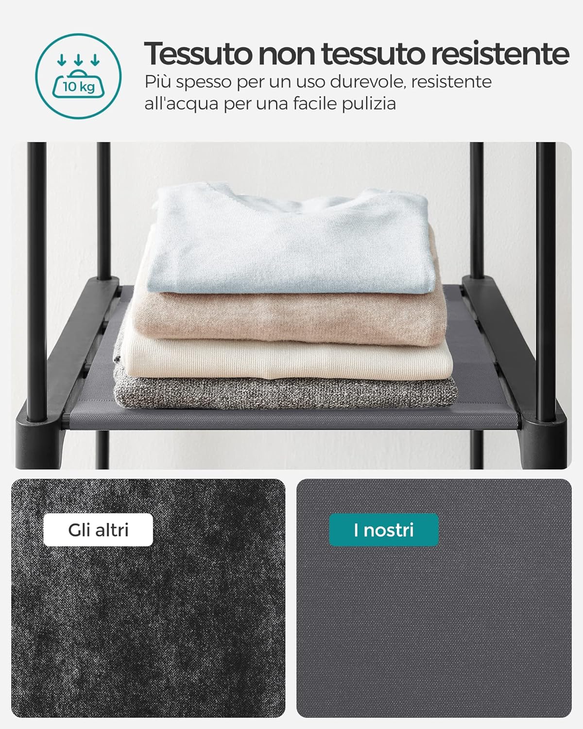 Detalle de SONGMICS Armadio Portatile in Tessuto con 2 Barre Appendiabiti – Grigio, 140 × 43 × 174 cm