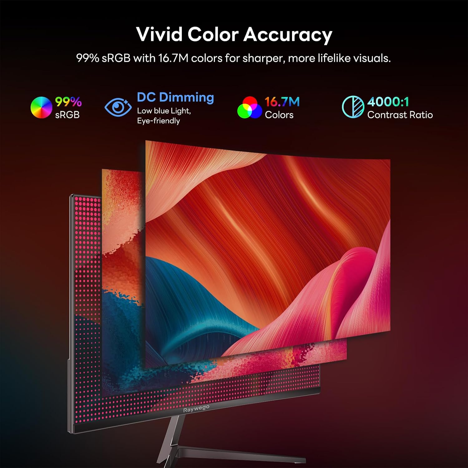 Detalle de Raywego 24-Inch Curved Gaming Monitor: 200Hz/180Hz, 1080p, 1ms MPRT, FreeSync