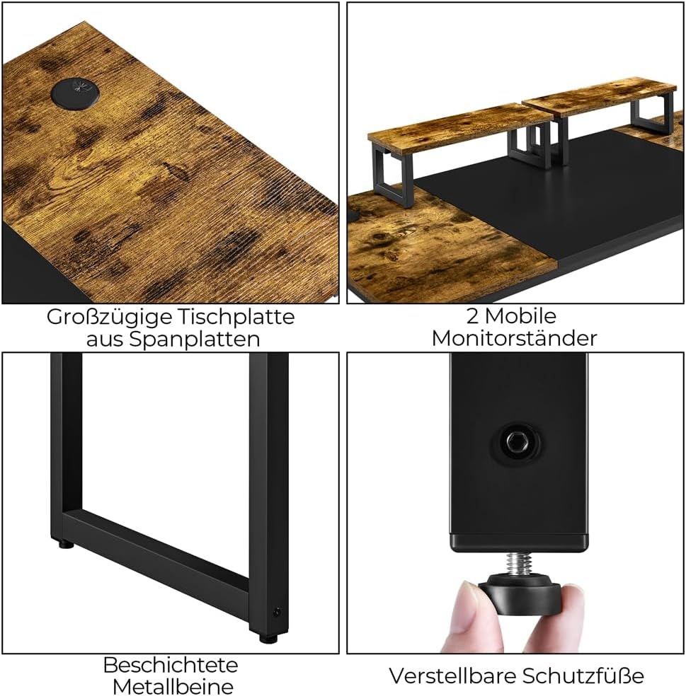 Thumbnail 3 de Yaheetech Schreibtisch Computertisch Rustikales Braun mit 2 Monitorhalterungen, Kabeldurchführungen & Kopfhörerhaken – 140 × 60 × 89,5 cm