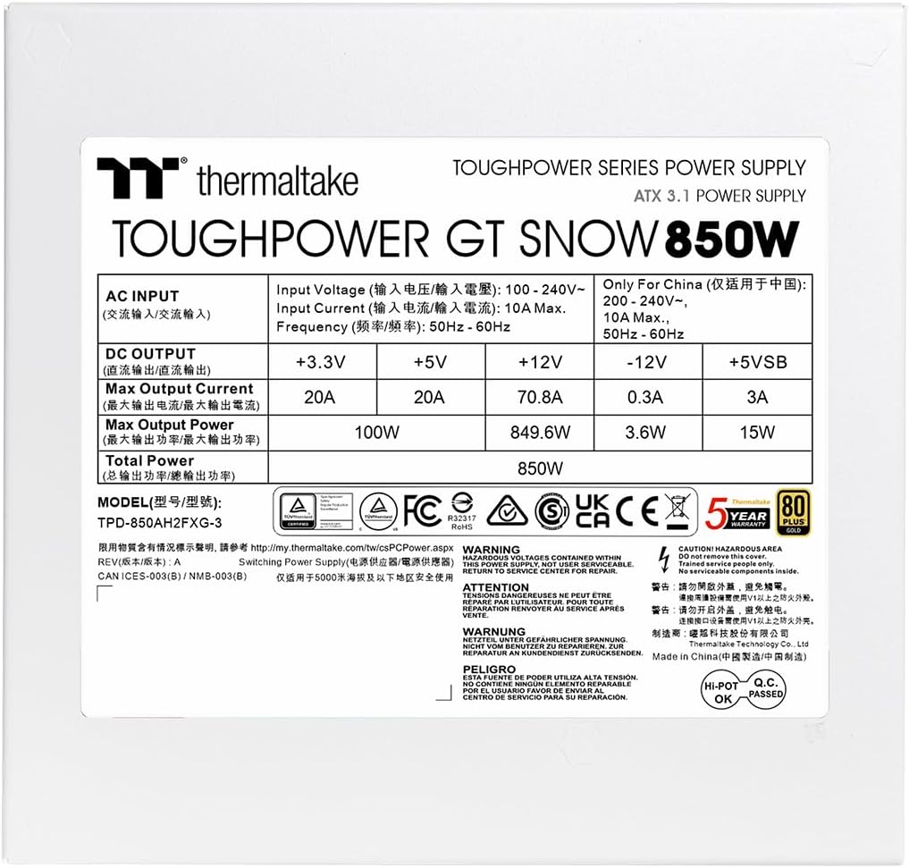 Thumbnail 5 de Thermaltake Toughpower GT Snow 850W – ATX 3.1 Netzteil (80 Plus Gold), vollmodular & PCIe 5.1 12V-2x6 (12+4)