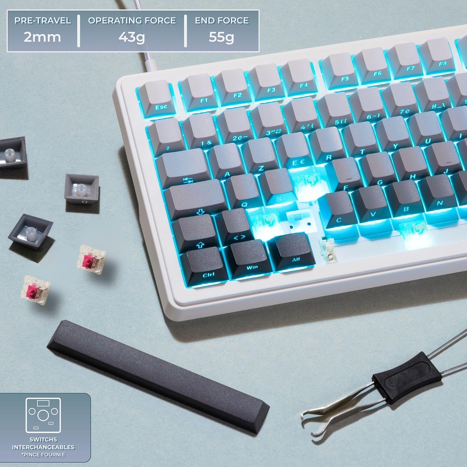 Detalle de THE G-LAB KEYZELITE300GRW – klawiatura mechaniczna AZERTY, tri-mode, hot-swap
