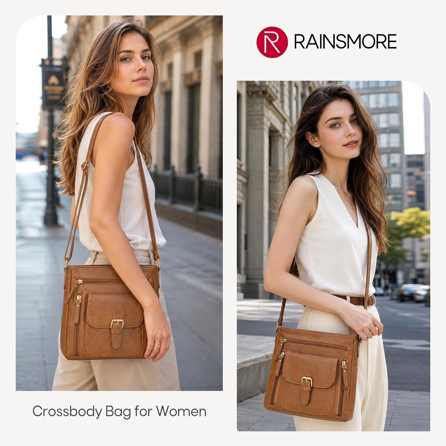 Detalle de RAINSMORE Cross Body Bag Women: PU Leather Multi-Pocket Crossbody for Everyday Use