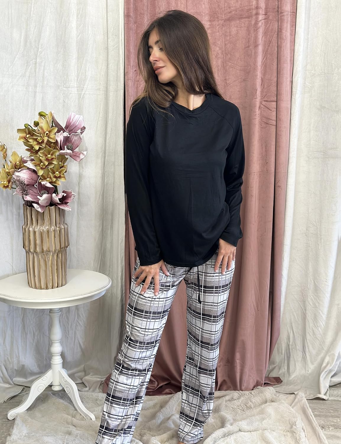 Detalle 1 de Uniexcosm Pyjama Femme en coton long – Ensemble à carreaux avec poches et col rond