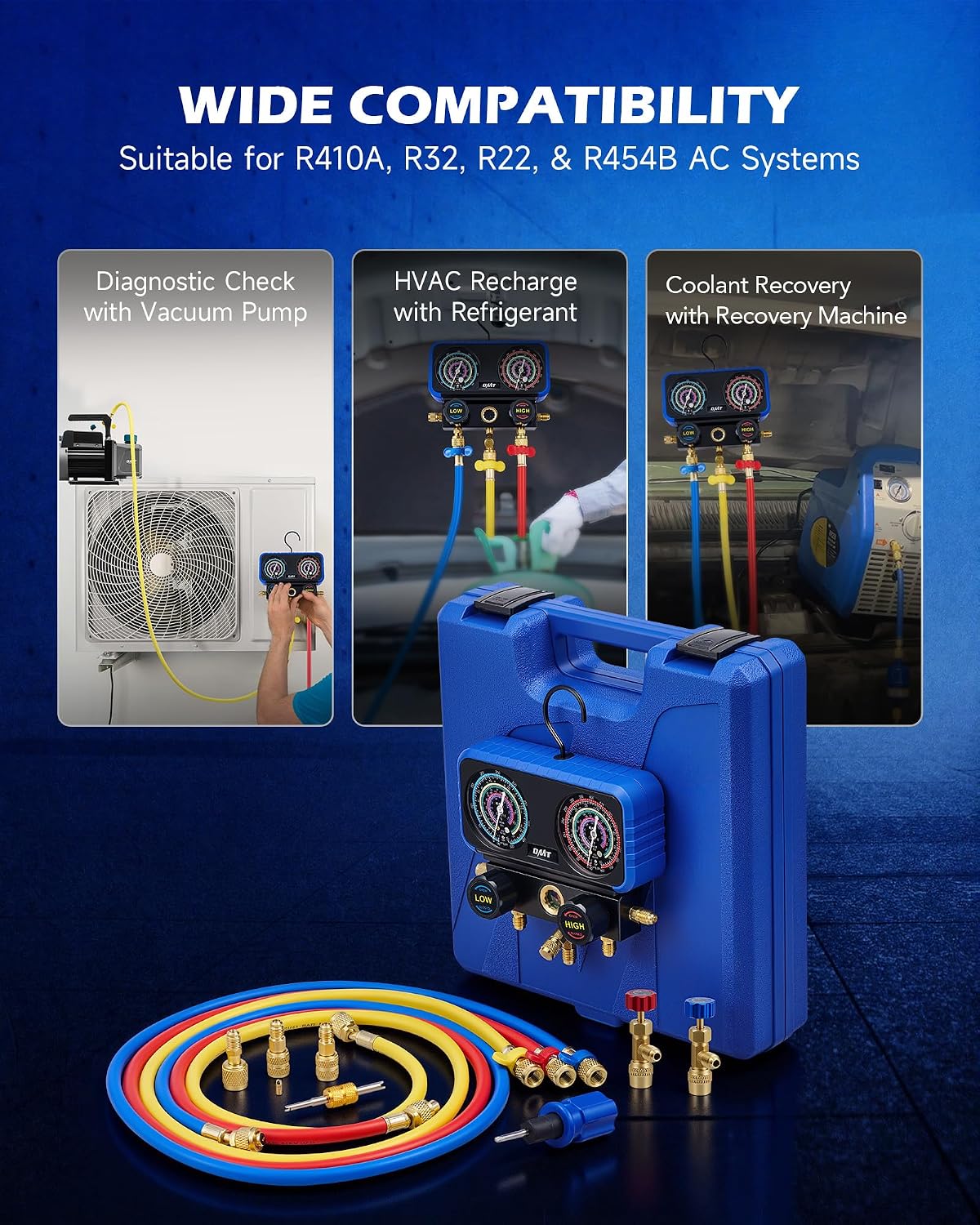 Detalle de Orion Motor Tech 3-Way AC Gauge Set with 5ft Hoses for R410A, R32, R22, and R454B