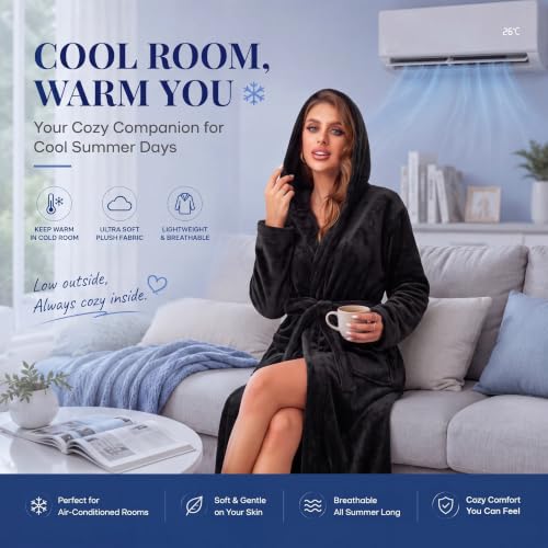 Detalle 2 de RONGTAI Womens Dressing Gown Fleece Plush Warm Long Hooded Robes