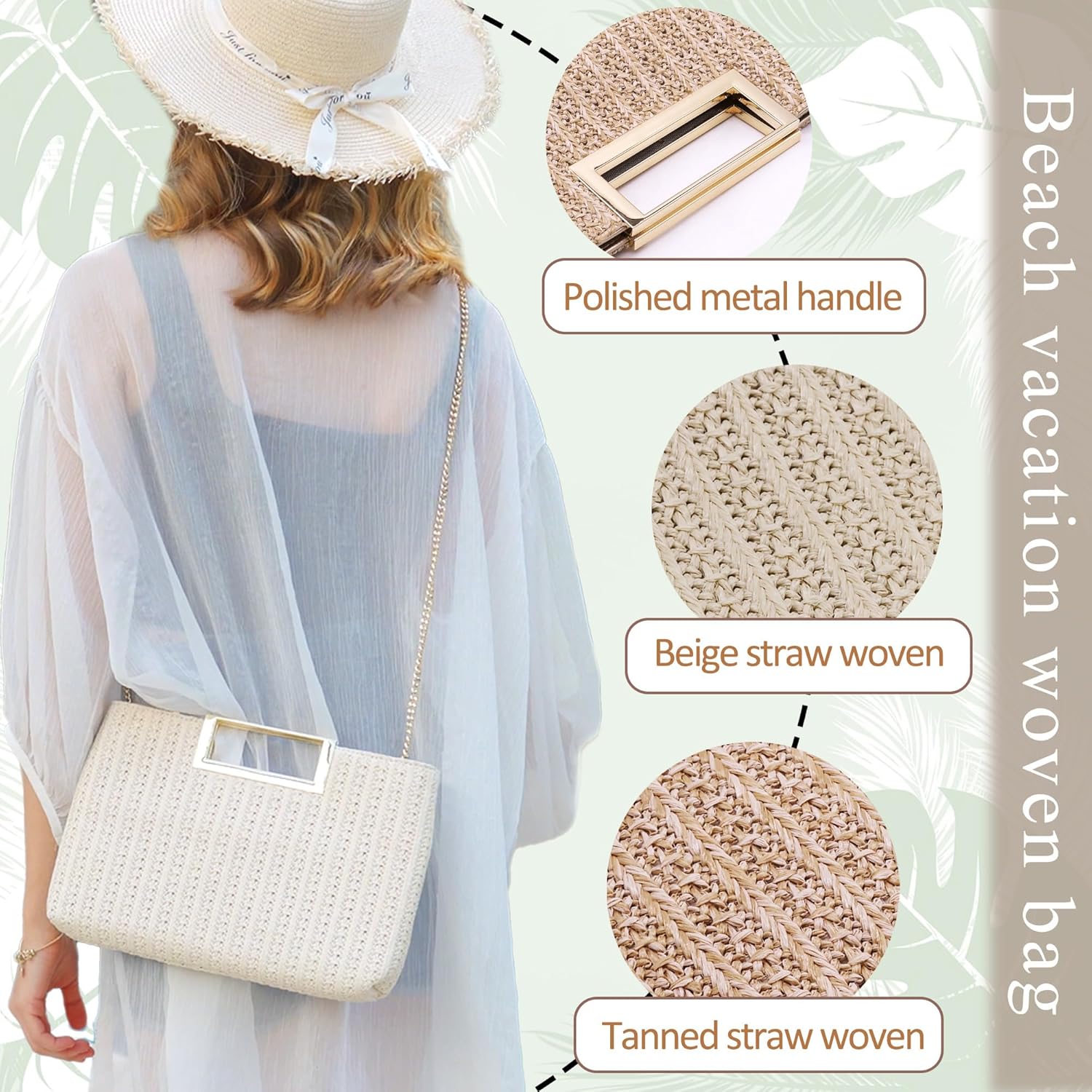 Thumbnail 2 de Milisente sac à main élégant pour femme en paille imperméable, poignée métal, idéal pour mariage