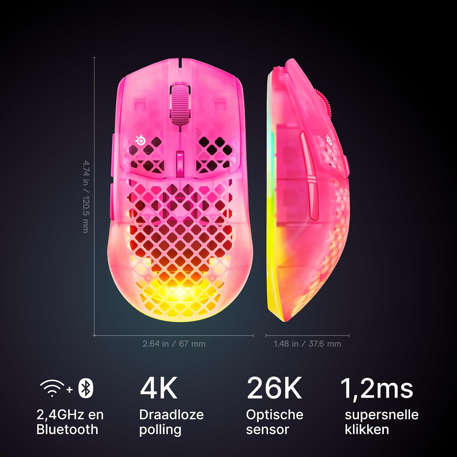 Detalle de SteelSeries Aerox 3 Gen 2 Wireless gamingmuis, 68 g, 4K-polling, 26.000 DPI, Magenta Haze