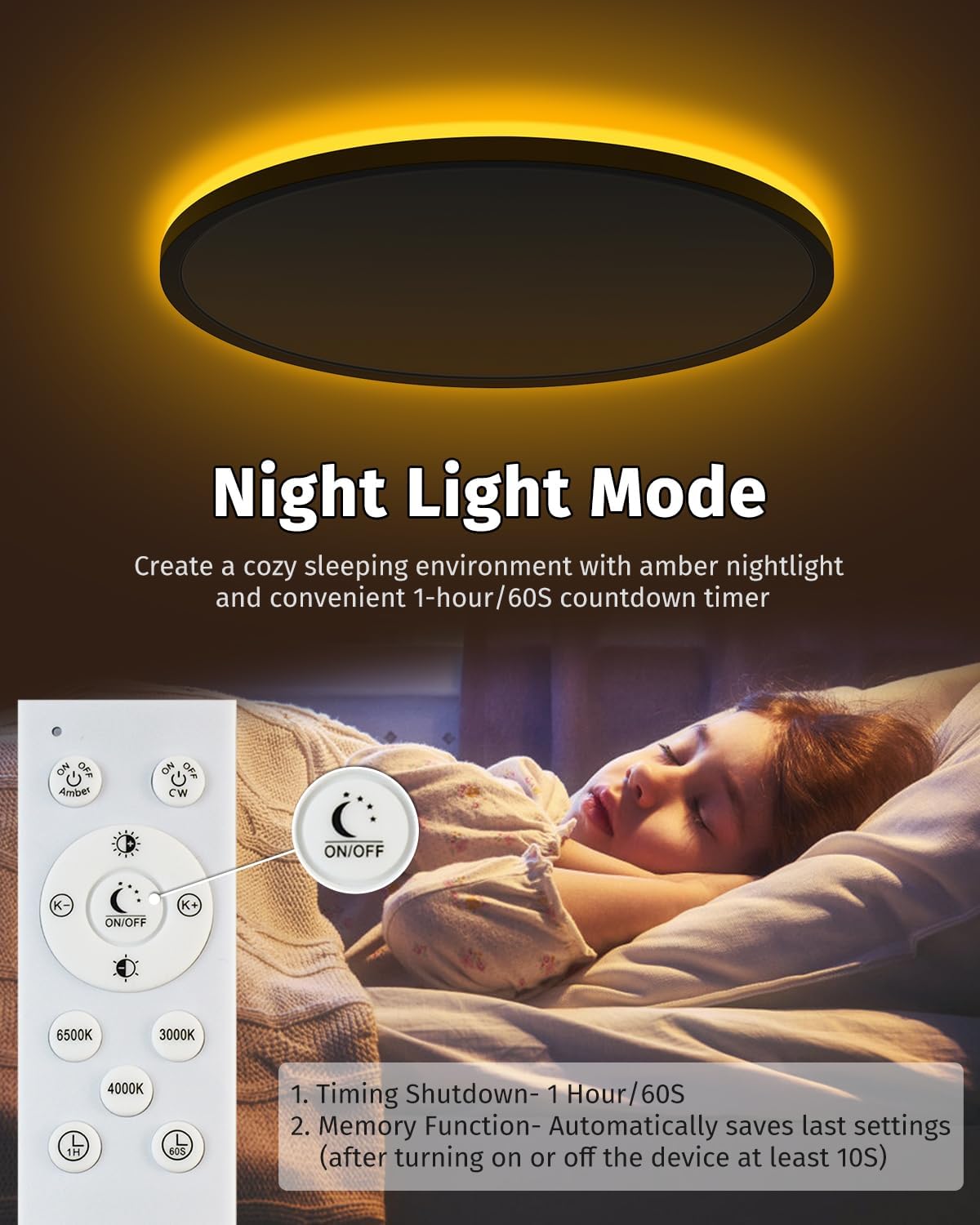 Thumbnail 1 de Bowfar LED Deckenleuchte 24W mit Fernbedienung, dimmbar (3000K–6500K) & Amber-Nachtlicht 1800K, Ø29,5 cm, schwarz