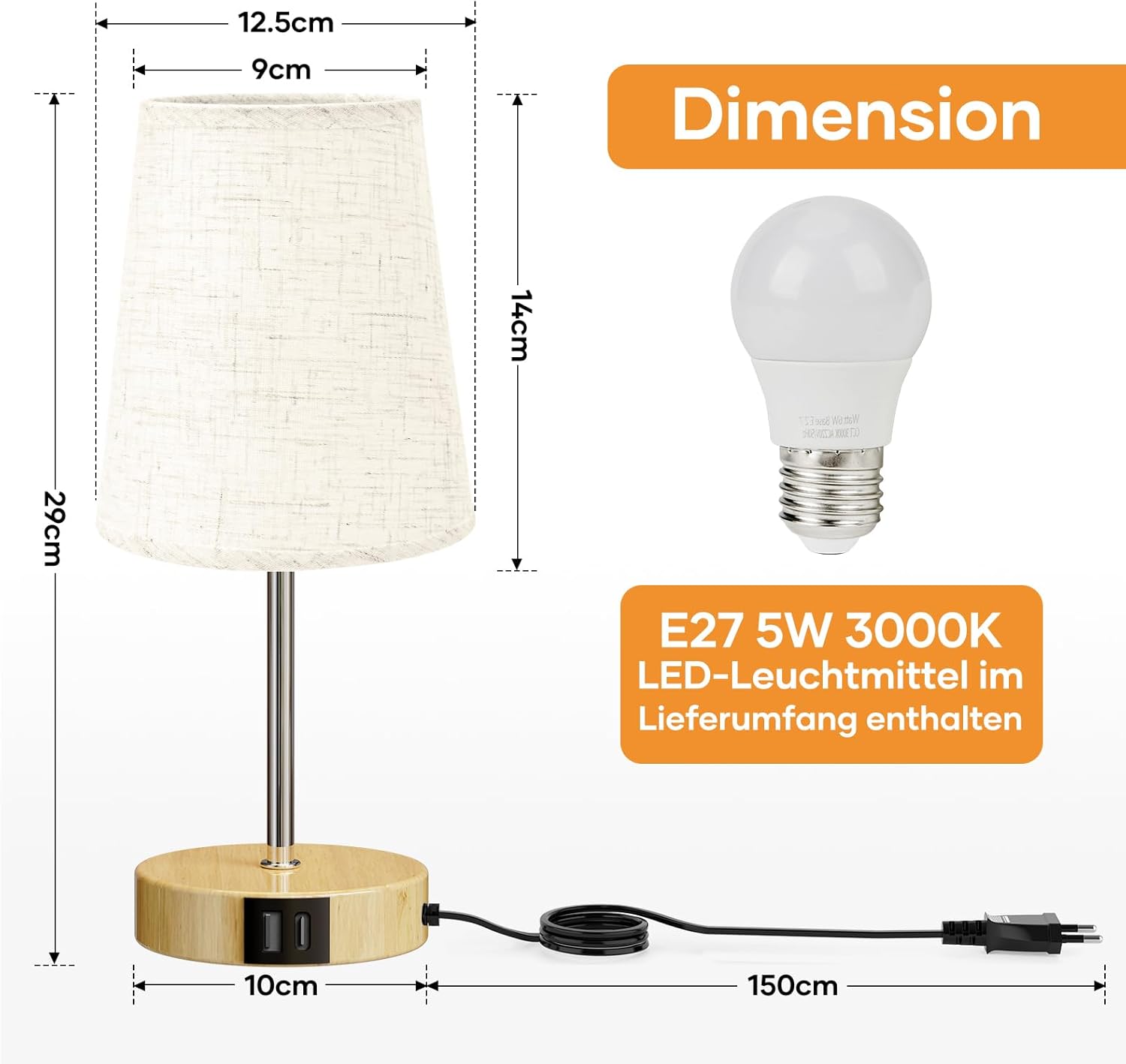 Thumbnail 5 de Suright Nachttischlampe Touch Dimmbar mit USB-Ladeanschlüssen – Leinen-Lampenschirm, Holzsockel, LED inklusive