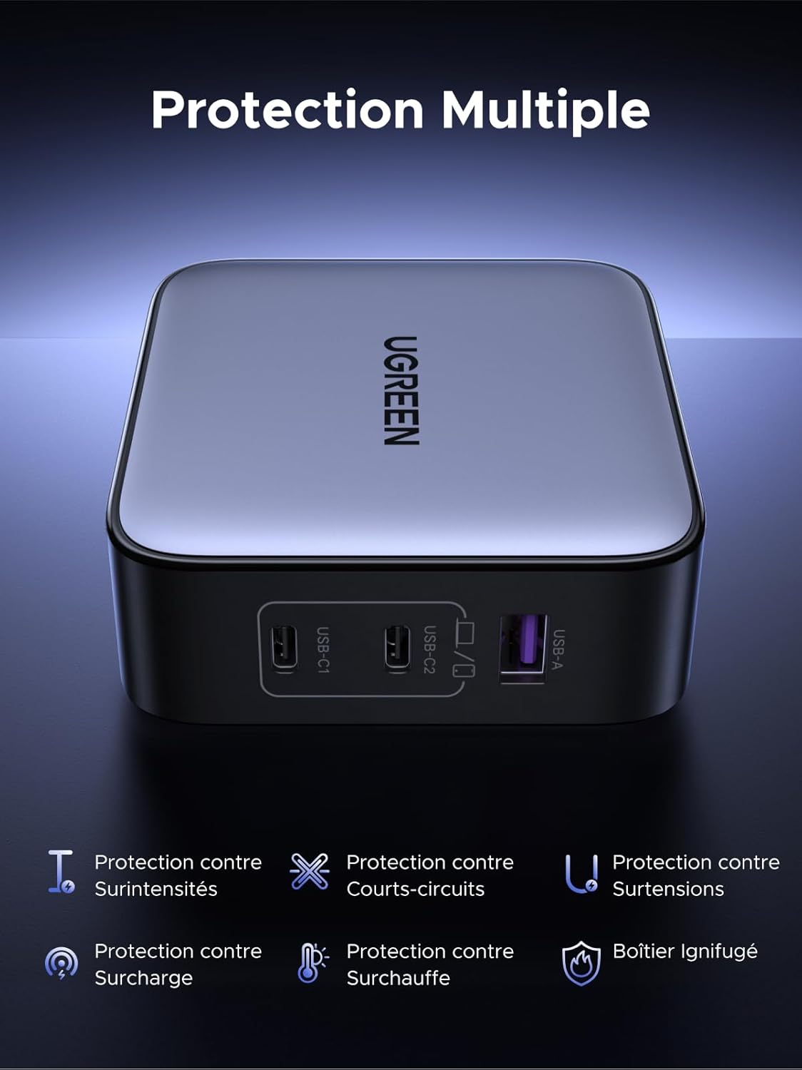 Detalle de UGREEN Nexode 65W GaN USB-C Chargeur de Voyage 3 Ports avec prises EU/UK/US amovibles
