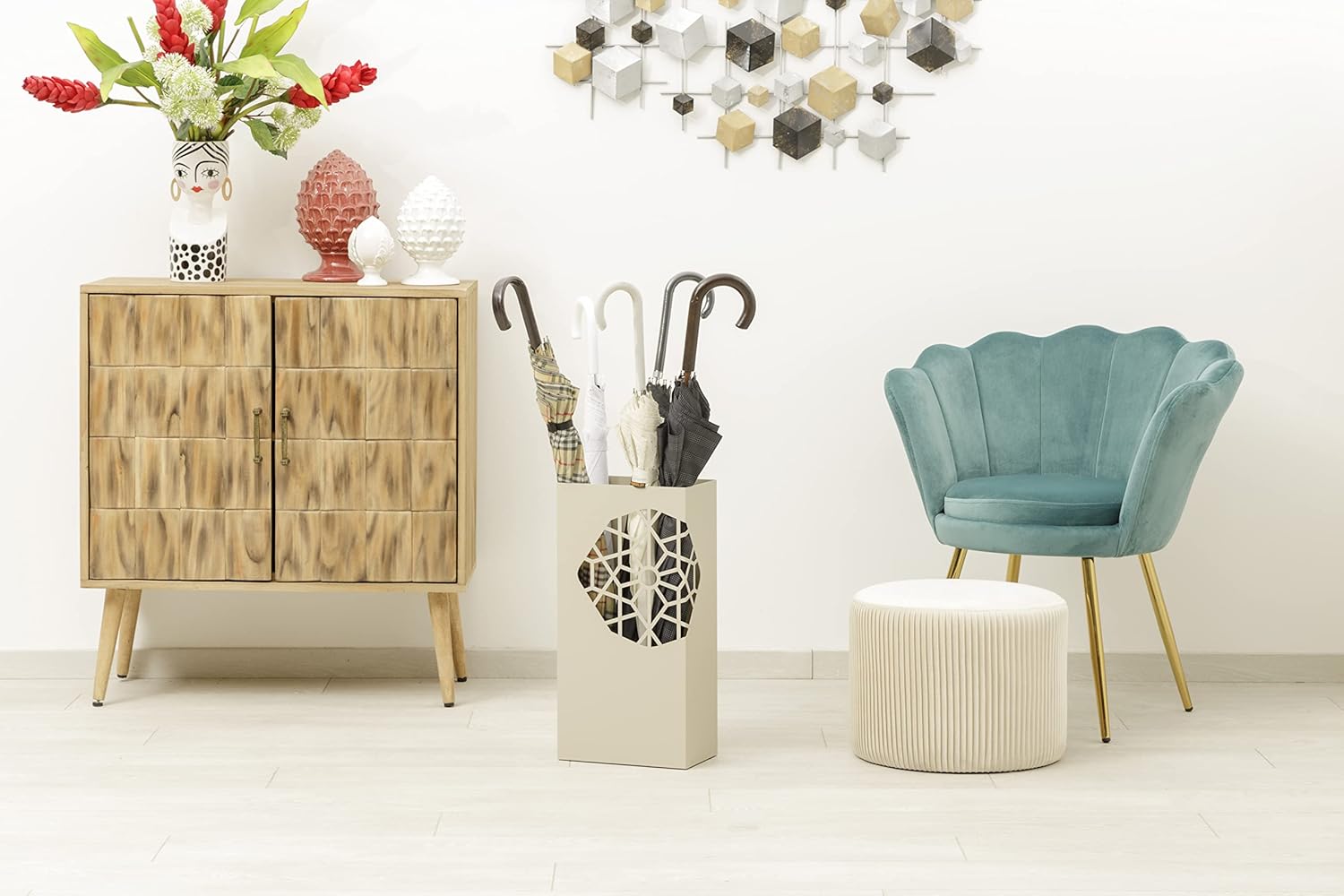 Thumbnail 4 de Baroni Home Portaombrelli Design Moderno in Metallo Squadrato con 2 ganci e vaschetta scolapioggia rimovibile (tortora)