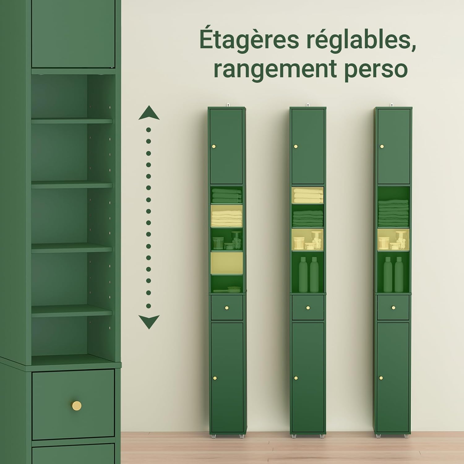 Detalle 2 de SoBuy Colonne de Salle de Bain 180 cm – Armoire étroite 20x20 cm avec 6 étagères réglables et tiroir, Vert Olive BZR34-II-SY