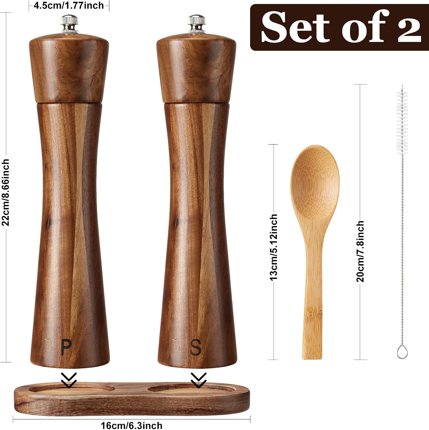 Detalle 2 de Osrioal 8 Inch Wooden Salt and Pepper Grinder Set with Tray (Set of 2)
