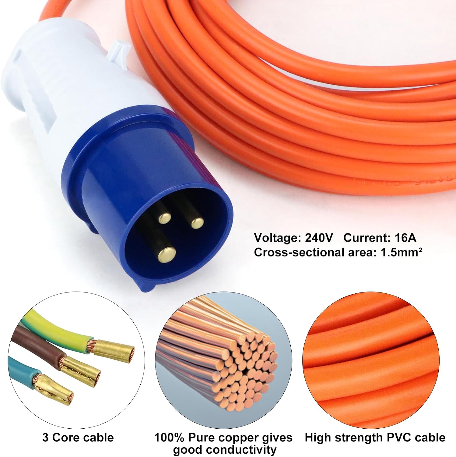 Thumbnail 1 de 10m Caravan Hook Up Cable (240V 16A) with 3-Pin Fly Lead Converter and Carrying Bag