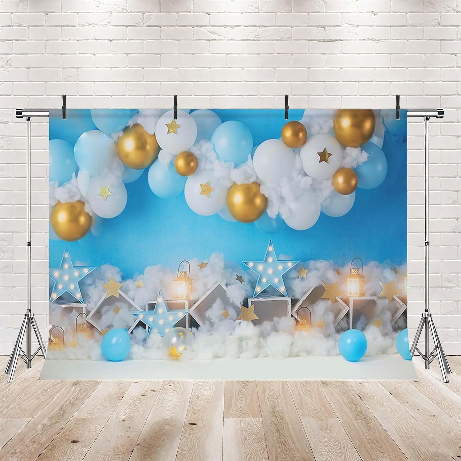 Thumbnail 1 de MEHOFOND 7x5ft boy birthday photo backdrop (white cloud, balloon and star design) for newborn, cake smash and party shoots