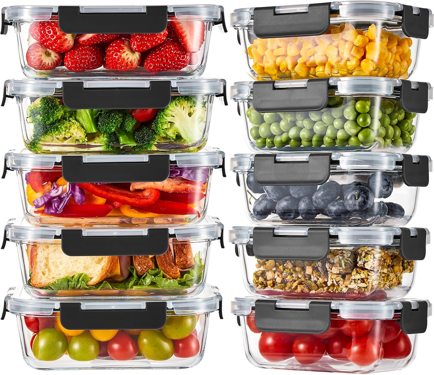 Detalle de Liuruiyu 10 Pack Glass Food Storage Containers with Lids — Airtight, Oven/Microwave/Freezer/Dishwasher Safe