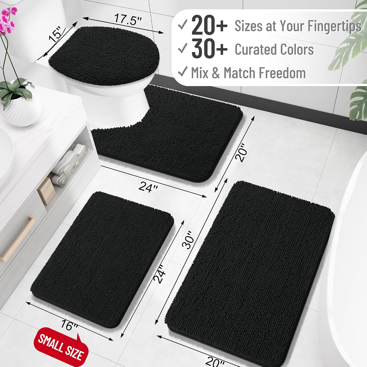Thumbnail 1 de OLANLY Black Bathroom Rug, 30" x 20" Chenille, Non-Slip TPR Backing