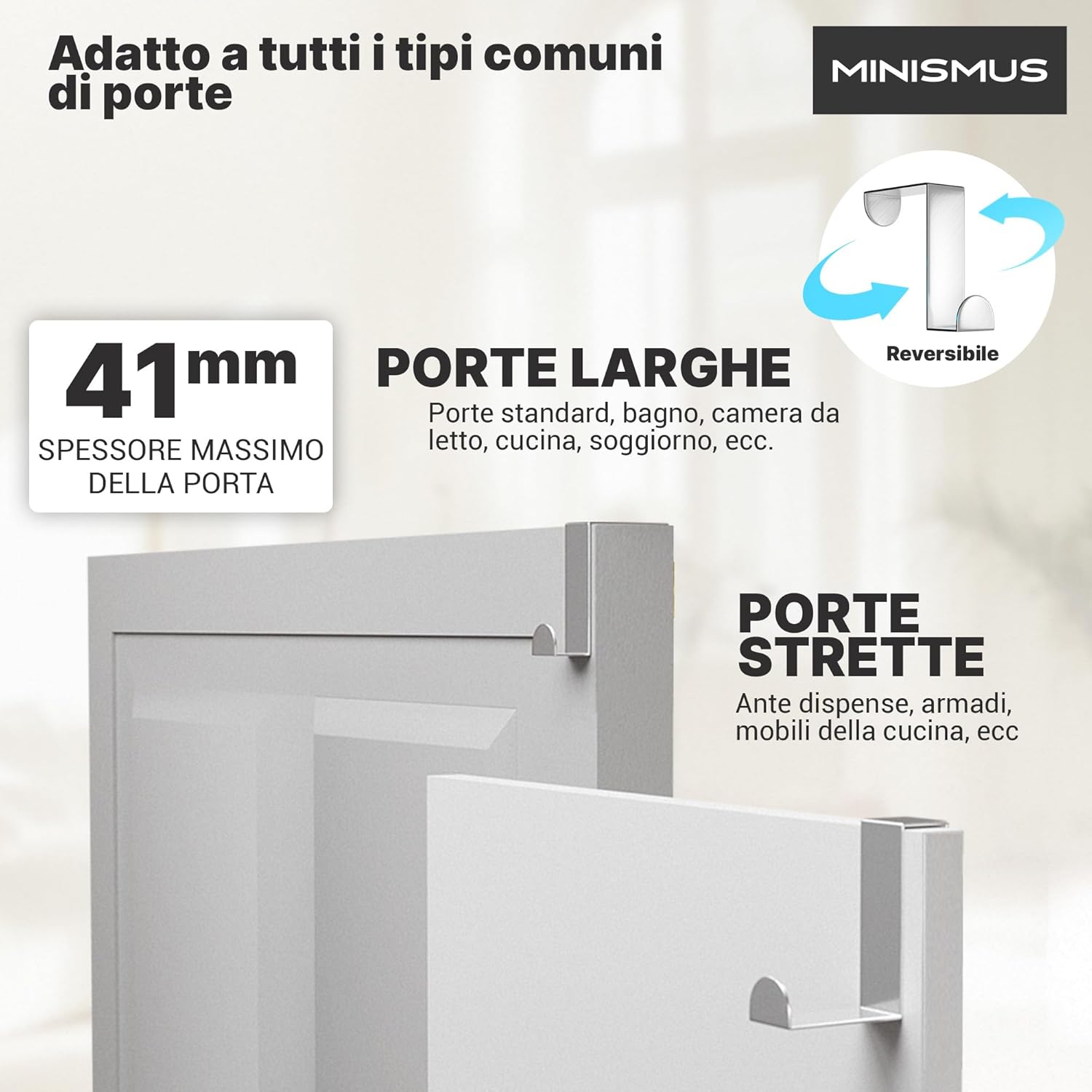 Detalle de Minismus Confezione di 4 Porta Ganci – Attaccapanni a Gancio in Acciaio Inox, da Porta, Può Essere Usato Singolarmente (Plata)