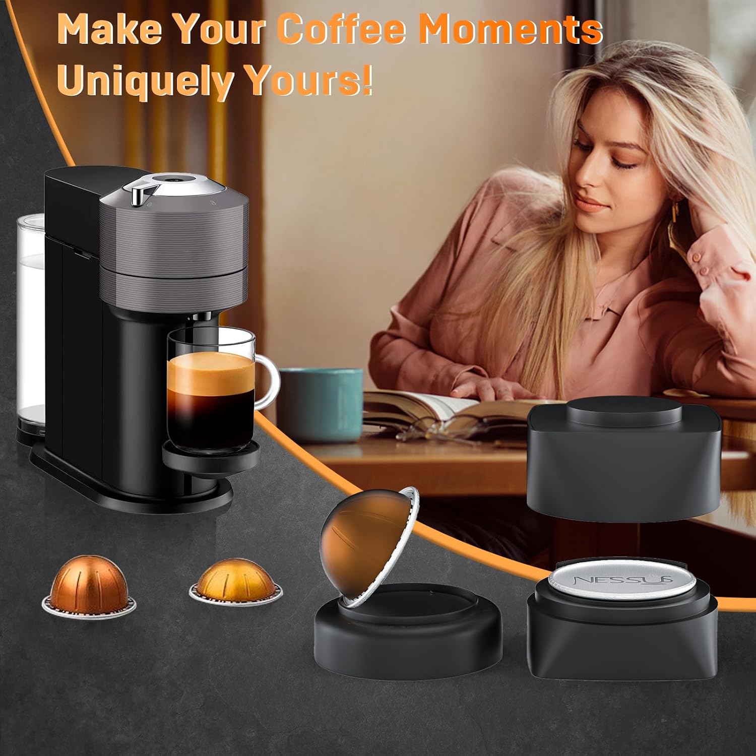 Detalle de NESSUS Refill Kit for Reusable Nespresso Vertuo Pods: Lid Easy Remover, 100 Aluminum Foil Lids, and Refill Accessories