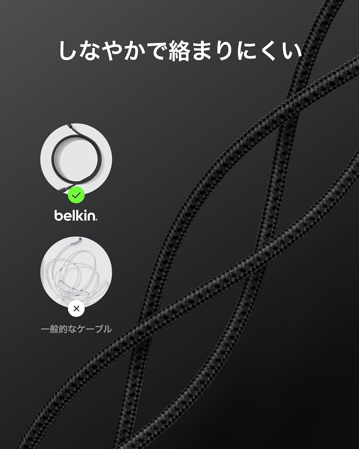 Detalle 1 de Belkin BoostCharge CAB025fq2MBK USB-Cケーブル 2m・最大240W PD 3.1対応、編み込みブラック