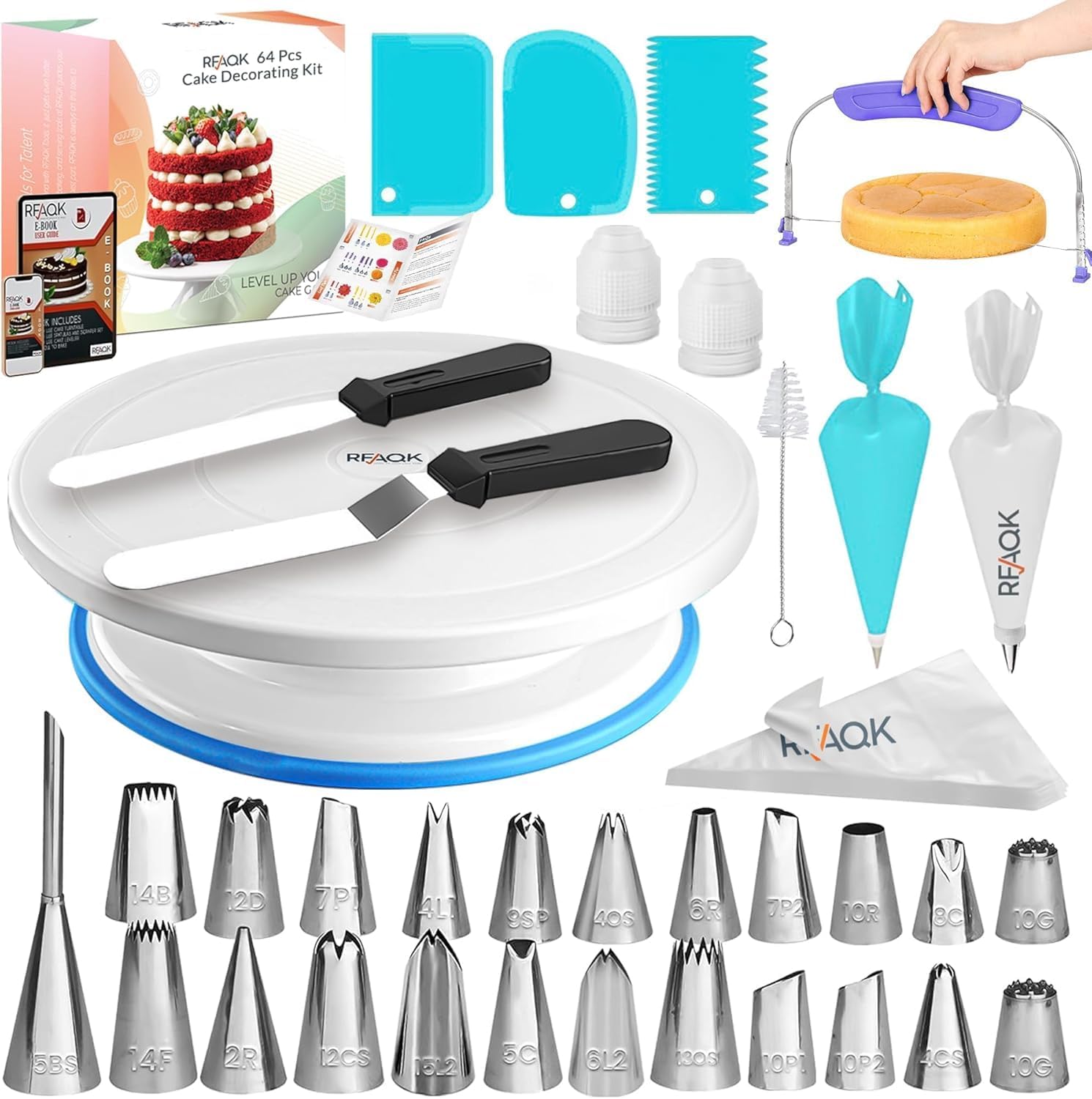 RFAQK 65‑Piece Cake Decorating Kit with Turntable and E‑Book